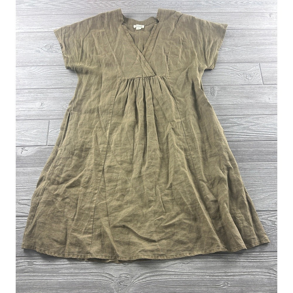 Sundance Linen Dress Olive Brown V-Neck Empire Waist Short Sleeve XS